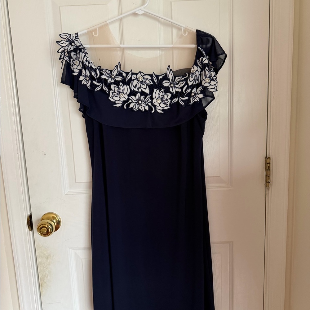 MSK Navy One-Shoulder Dress with White Floral Embroidery